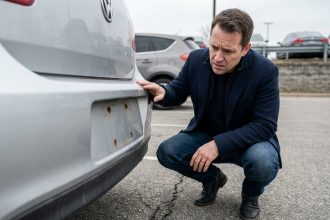 Homme constatant le vol de sa plaque d'immatriculation à l'arrière de son véhicule dans un parking