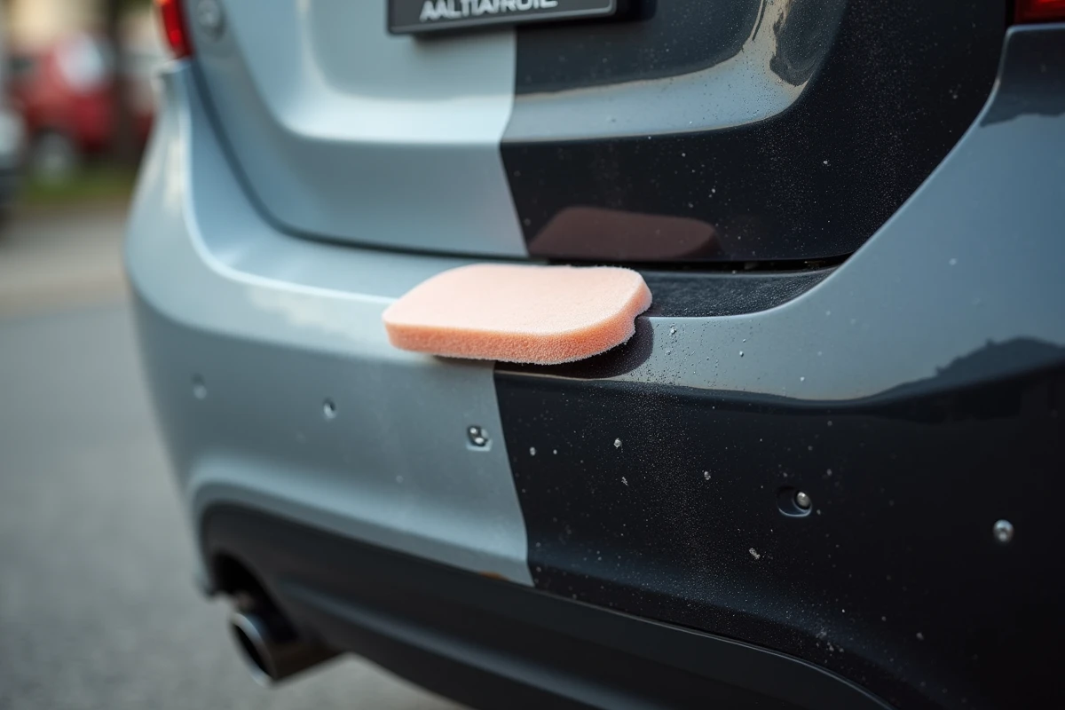 Gros plan sur un pare-chocs de voiture montrant le contraste avant et après application d'un rénovateur plastique