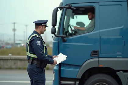 Contrôle routier d'un poids lourd par un agent des forces de l'ordre sur une aire d'autoroute française