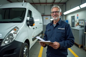 Mécanicien professionnel effectuant un contrôle technique d'un camion utilitaire dans un centre agréé en France