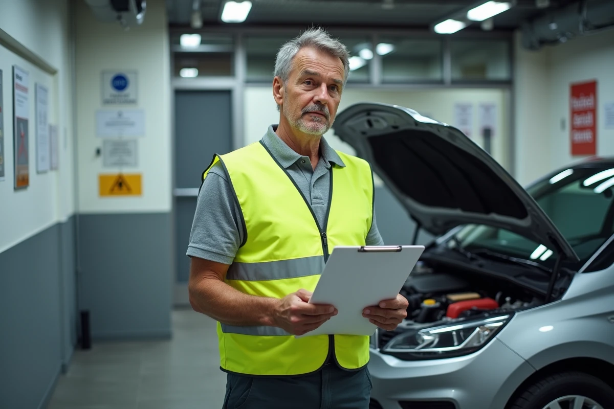 Contrôleur technique inspectant un véhicule lors du passage au contrôle technique après reprogrammation du moteur