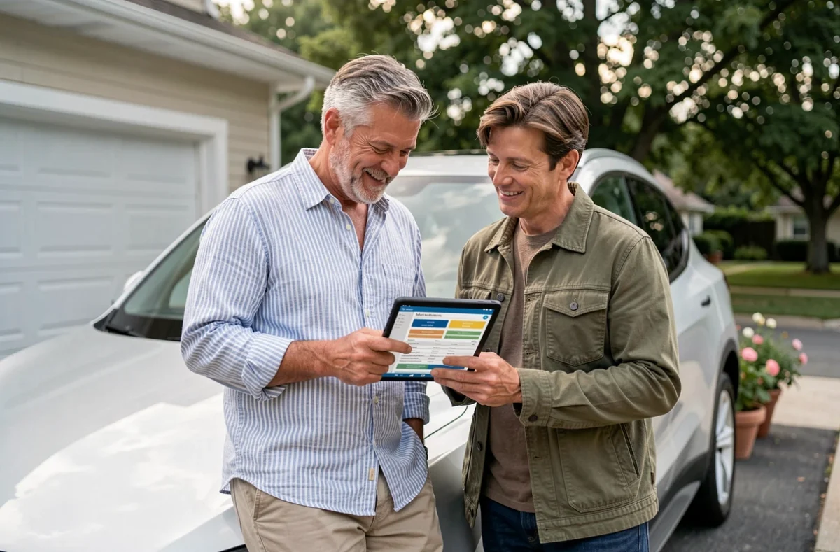 Couple consultant une comparaison d'assurances pour leur SUV électrique dans une allée résidentielle