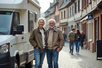 Couple avec camping-car devant bâtiments alsaciens à Colmar