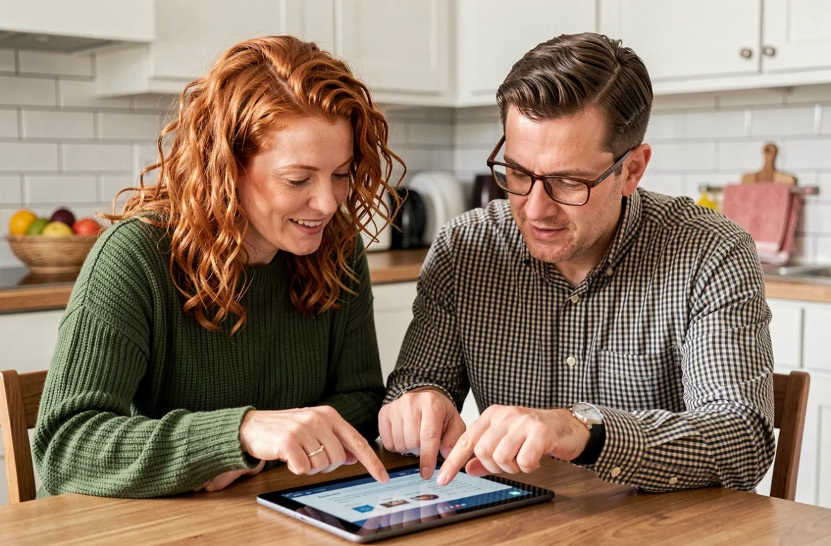 Couple consultant des offres d'assurance auto sur une tablette dans leur cuisine moderne pour choisir le meilleur tarif