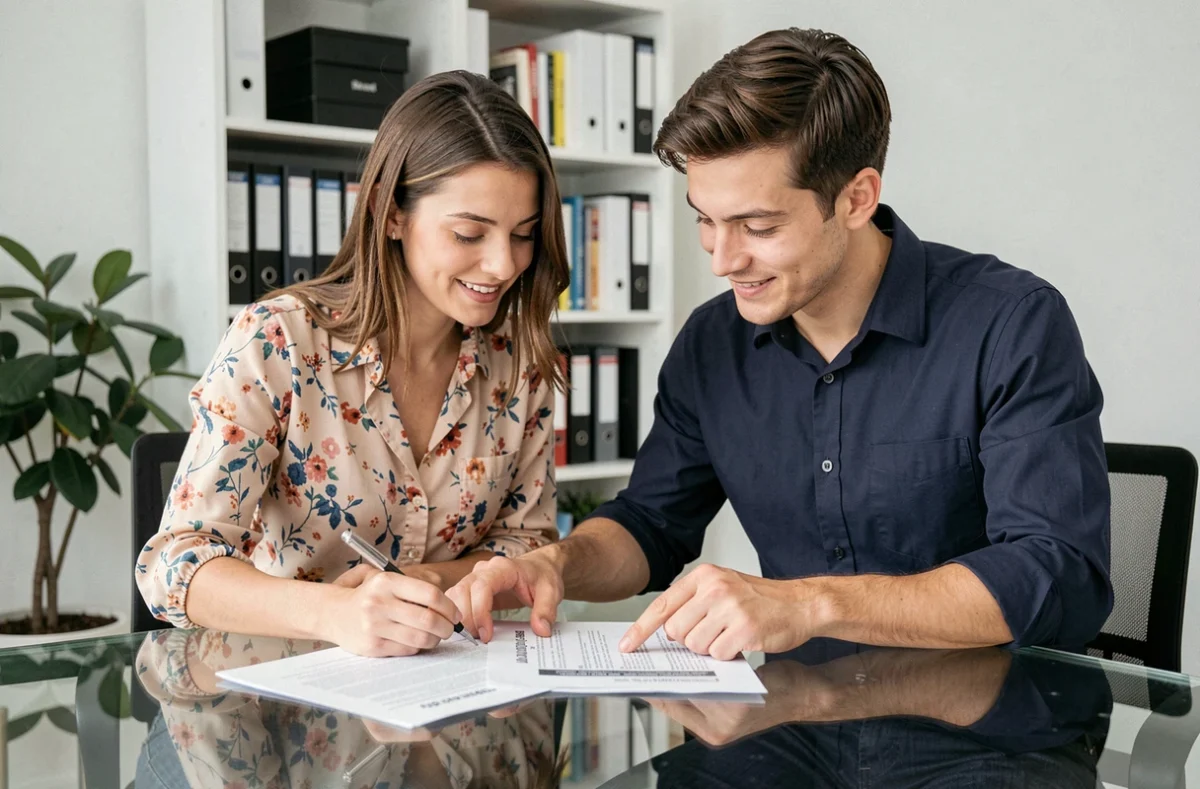 Couple examinant un contrat d'assurance auto ensemble dans un bureau à domicile
