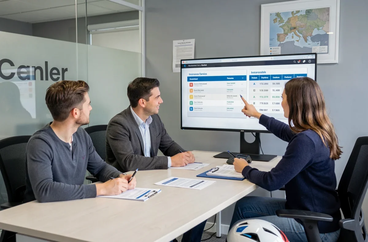Couple comparant des contrats d'assurance scooter avec un courtier dans une agence à Marseille