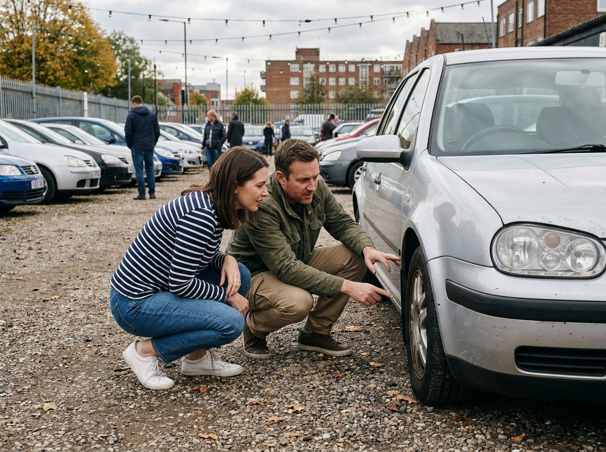 Couple inspectant une voiture d'occasion dans un marché automobile pour économiser sur leur budget en 2026