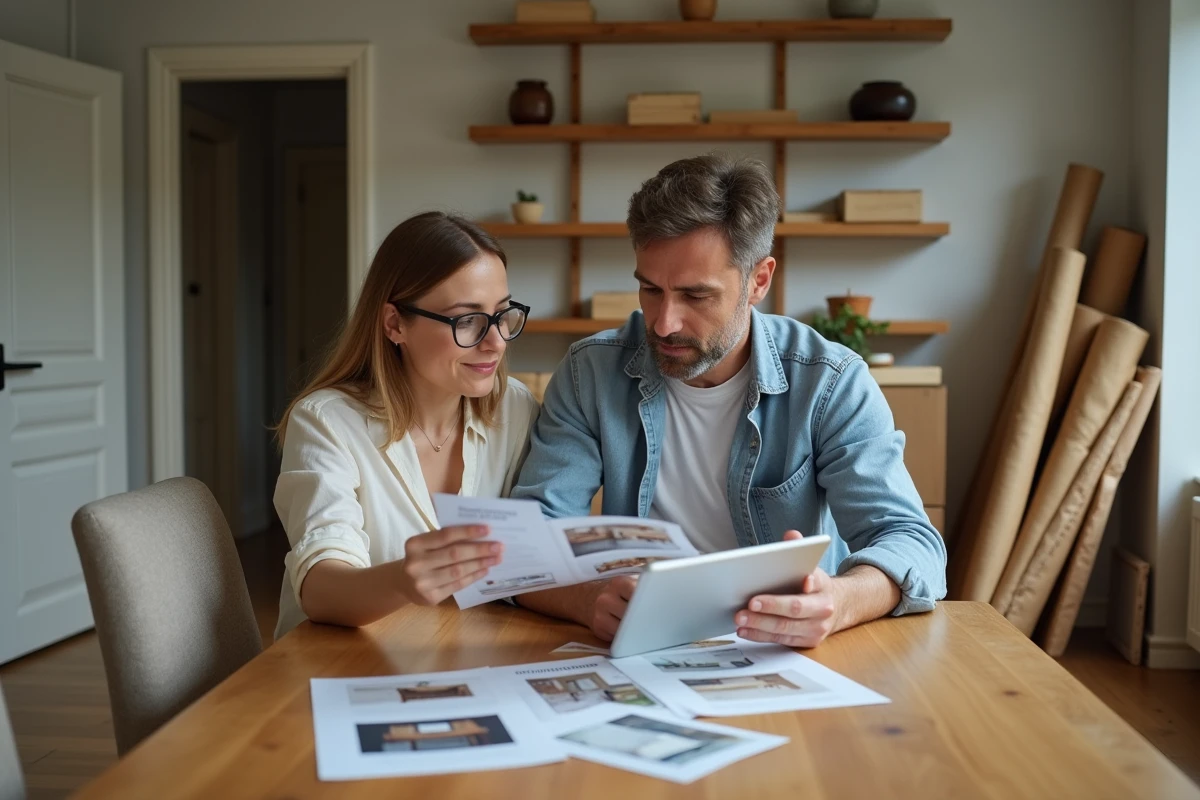 Couple planifiant la vente de leurs meubles avant un déménagement en consultant une annonce payante sur Leboncoin sur une tablette posée sur une table en bois
