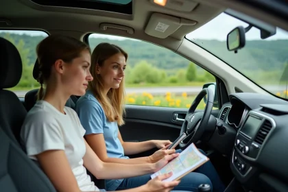 Jeune couple en voiture au bord de la route avec paysage verdoyant