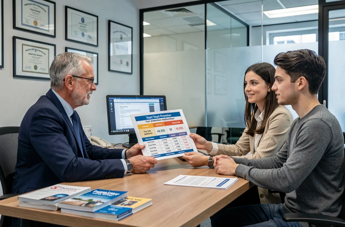 Courtier en assurance auto expliquant à un couple la baisse annuelle des primes dans une agence professionnelle
