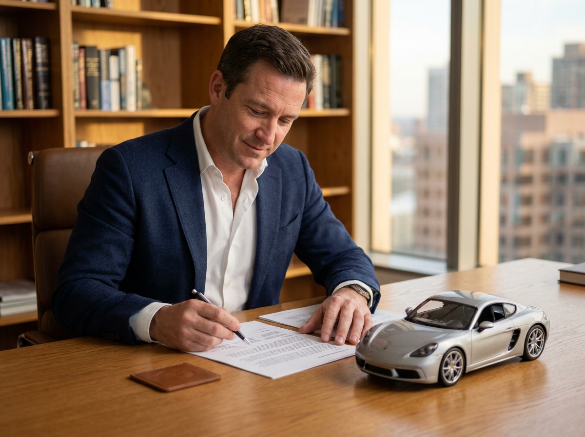Courtier en assurance examinant des documents avec une maquette de Porsche Cayman sur son bureau