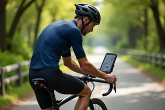 Cycliste consultant un compteur GPS affichant des vitesses en mph et kph lors d'une sortie vélo sur piste