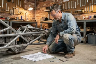 Débutant en mécanique étudiant les plans d'un kit car Saxo dans un garage domestique avec châssis tubulaire visible