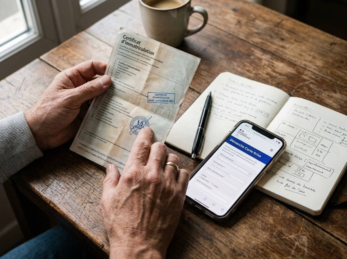 Mains tenant une carte grise et un smartphone pour effectuer les démarches en ligne après un vol de plaque