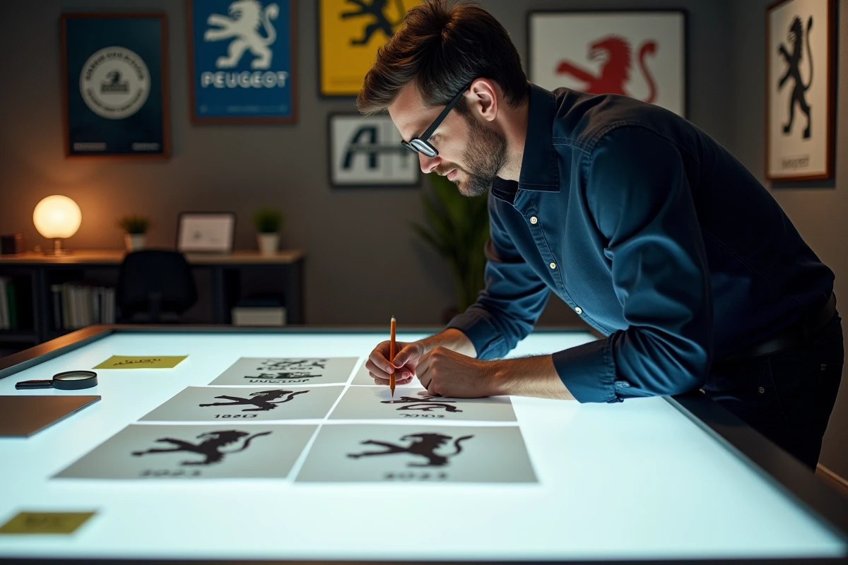 Designer graphique examinant l'évolution historique du logo lion Peugeot sur table lumineuse avec plusieurs versions imprimées dans un studio créatif