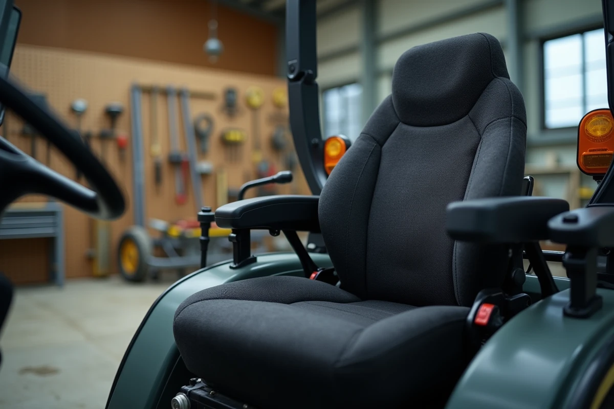 Siège ergonomique de tracteur avec suspension réglable et soutien lombaire en atelier agricole