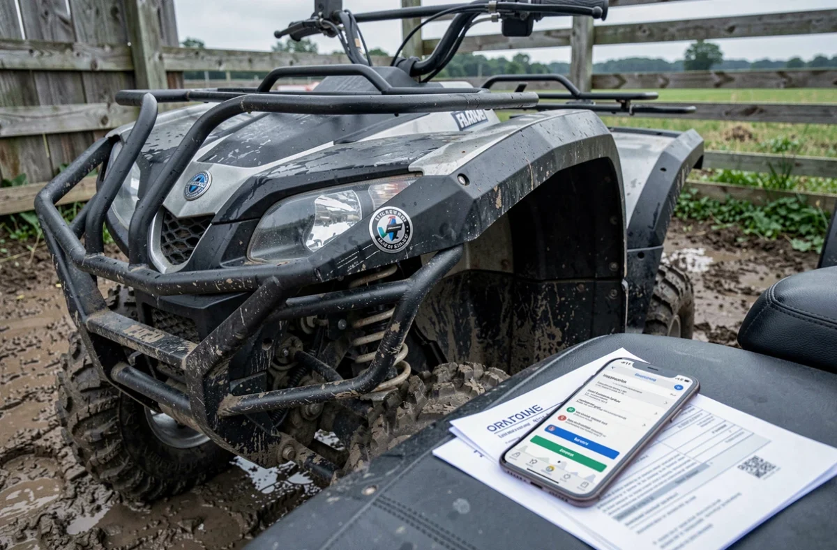 Détail d'un quad garé avec documents d'assurance posés sur le siège, garanties et tarifs assurance quad