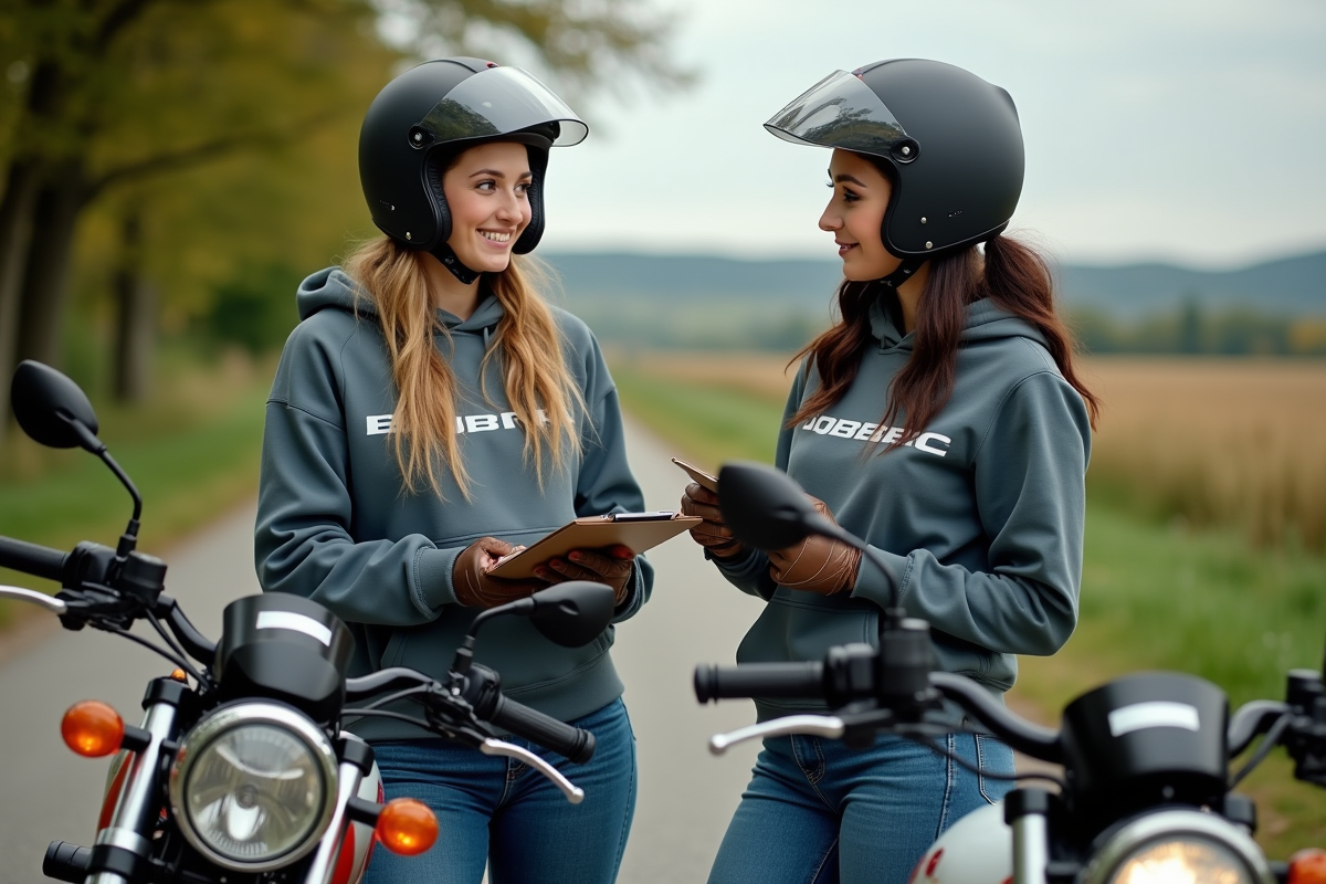 Deux femmes en moto 125cc en campagne avec arbres