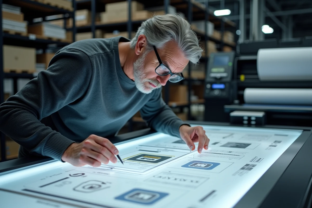 Directeur artistique examinant un calque de logo sur table lumineuse avec une fiche technique d'impression dans un studio professionnel