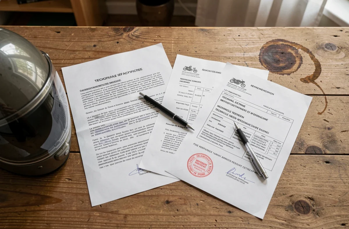 Documents administratifs pour contester le refus de contrôle technique moto posés sur une table avec un casque de moto