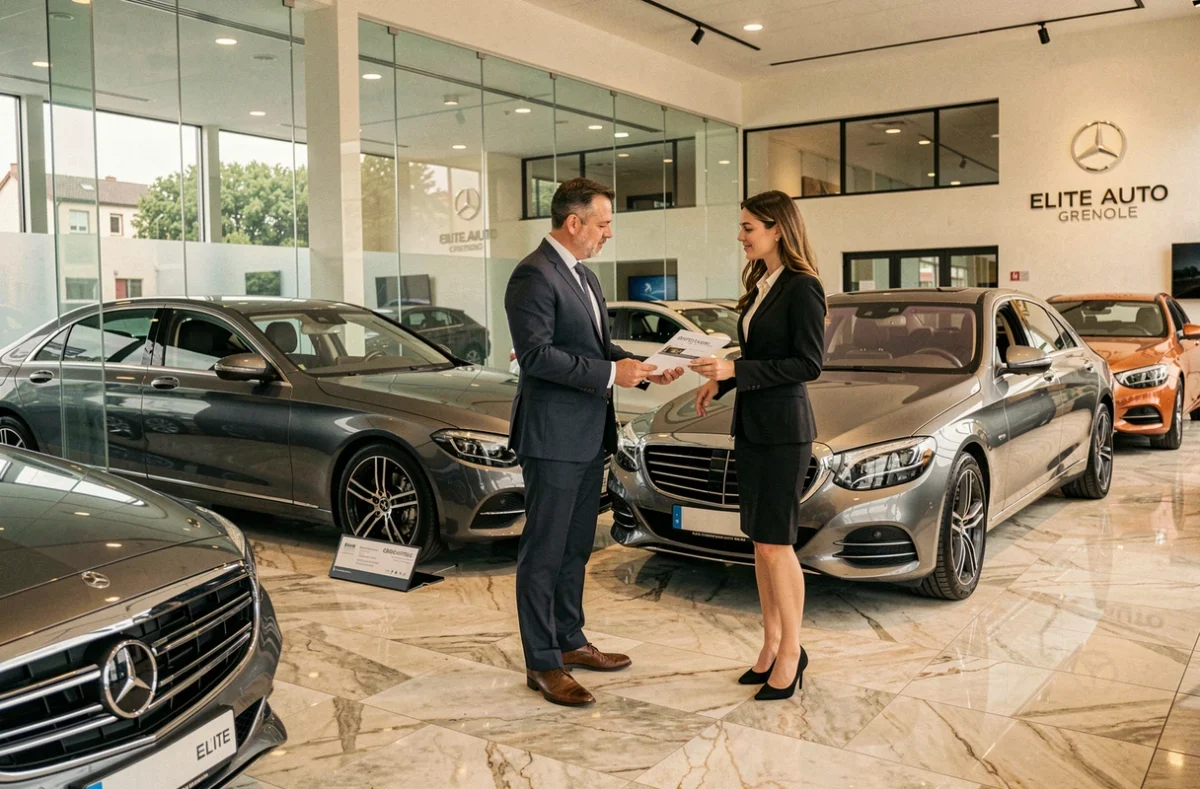 Consultant Elite Auto Grenoble en costume sombre présentant une brochure à une cliente devant une voiture de luxe d'occasion dans un showroom premium