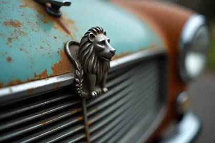 Gros plan macro sur un emblème lion Peugeot vintage chromé des années 1960 monté sur une calandre de voiture ancienne avec des traces de patine