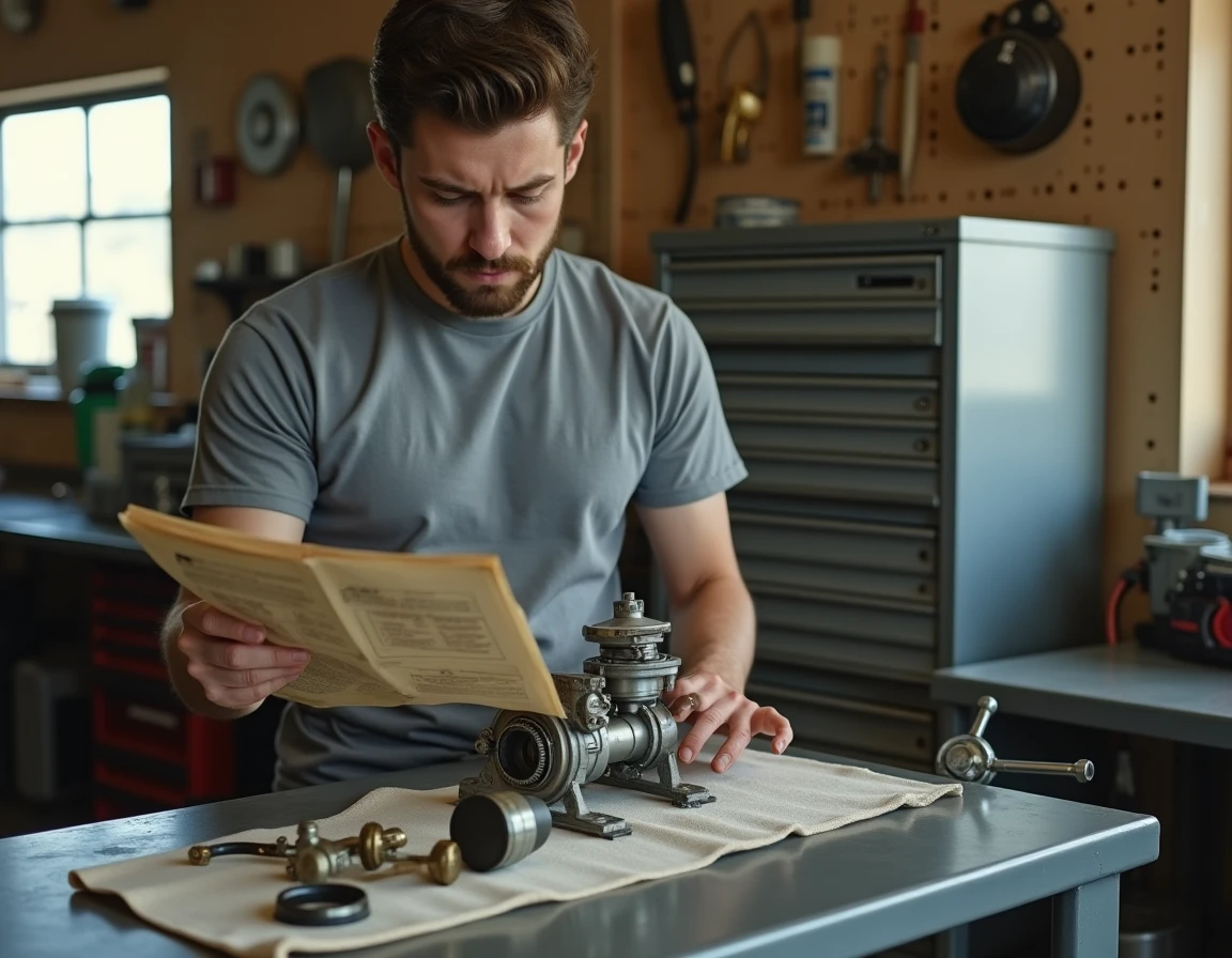 Jeune mécanicien consultant le manuel d'entretien d'une Honda XL 500 avec carburateur démonté en atelier