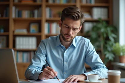Jeune homme étudiant les questions du permis de conduire 2026 sur un bureau en bois avec un livret imprimé et un ordinateur portable