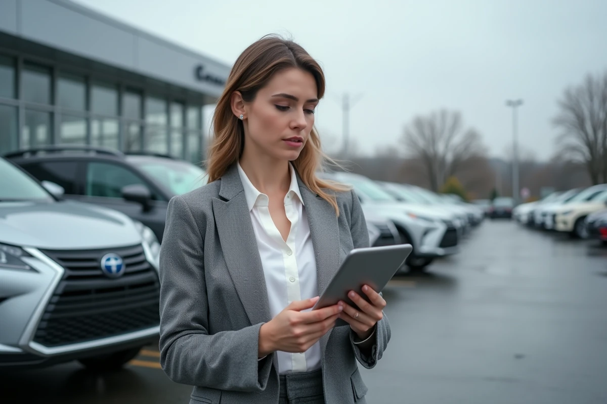 Femme experte automobile consultant un avis de voiture sur tablette devant un SUV dans un parking de concessionnaire
