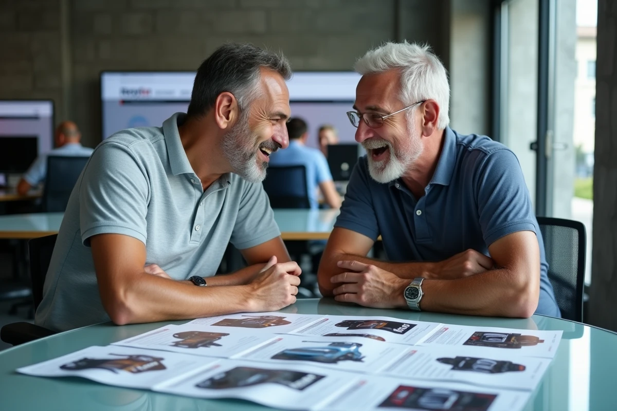 Deux experts automobiles discutant de guides d'achat et de fiches comparatives dans un bureau éditorial moderne