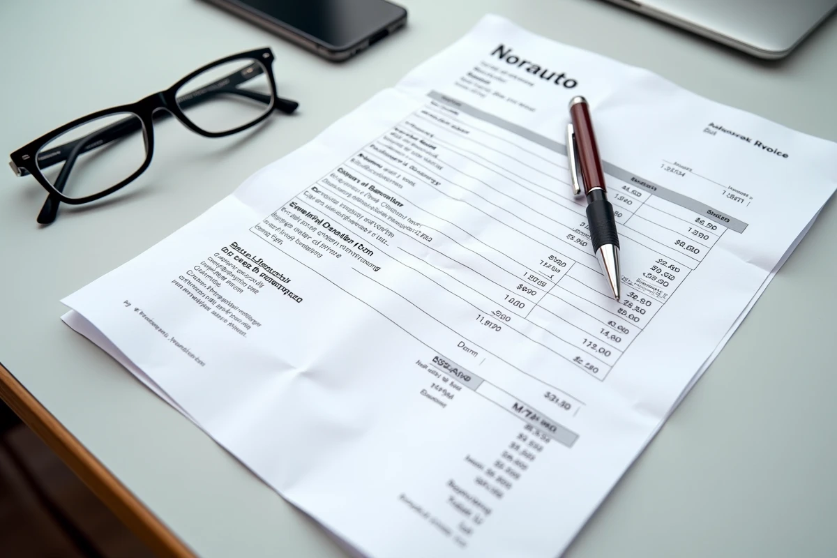Facture détaillée carte grise Norauto posée sur un bureau avec stylo et lunettes