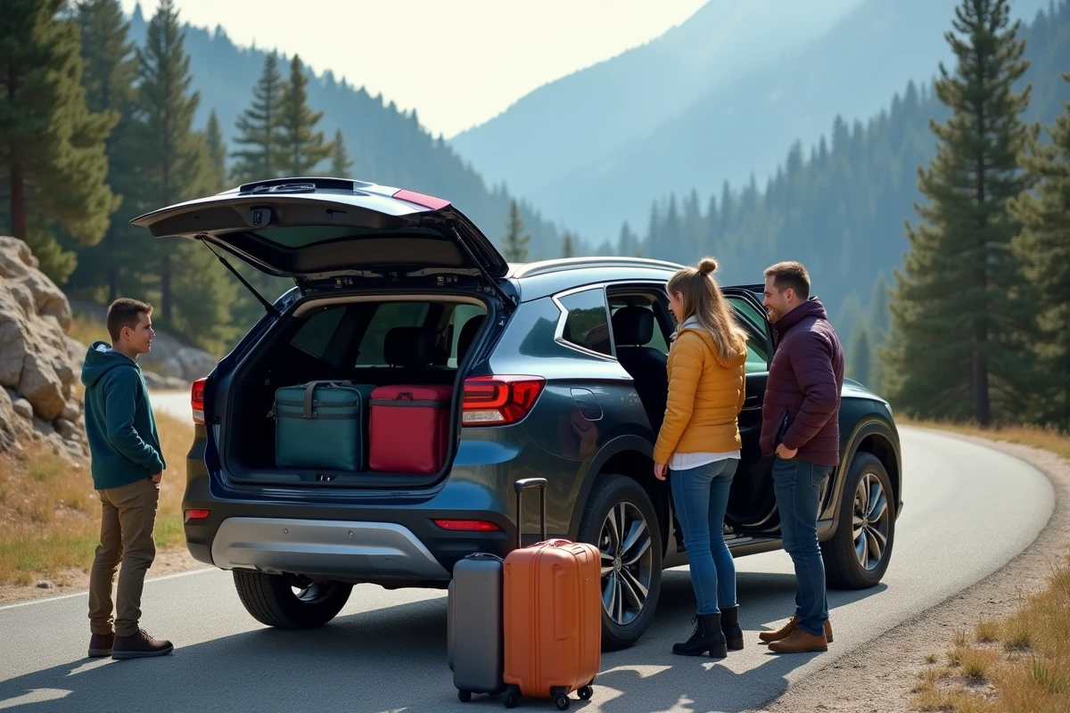 Famille chargeant des bagages dans le coffre d'un SUV bleu foncé dans une aire de repos de montagne entourée de forêts de pins