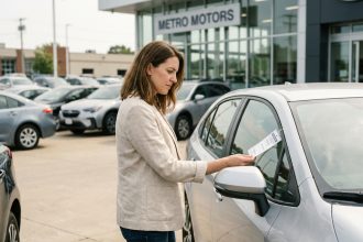 Femme examinant l'étiquette de prix d'une voiture neuve dans un concessionnaire automobile en 2026