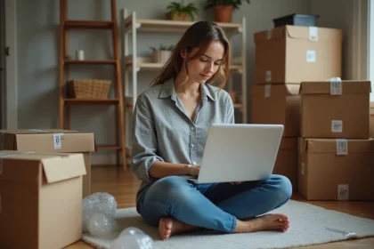 Femme assise sur le sol entourée de cartons de déménagement, utilisant un ordinateur portable pour publier une annonce payante sur Leboncoin avant son déménagement