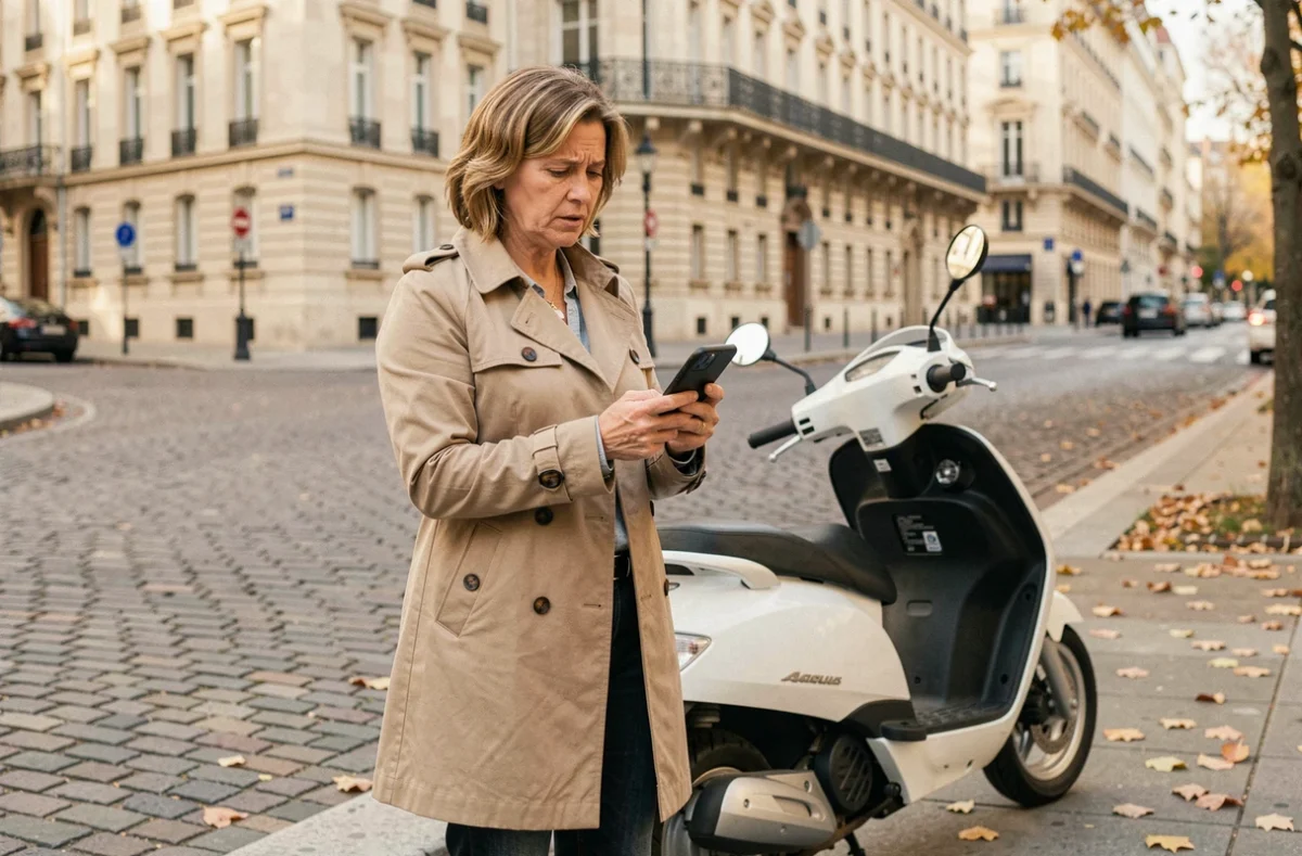 Femme consultant l'argus des scooters sur smartphone en ville devant un scooter 125cc blanc