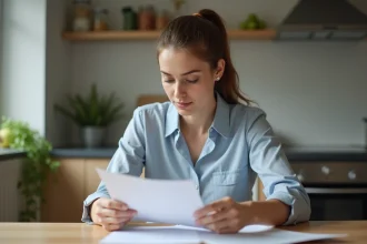 Femme professionnelle examine une police d'assurance auto à la maison