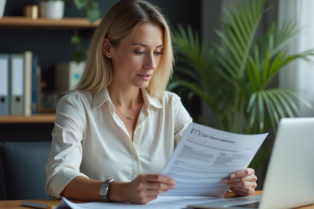 Femme d'âge moyen tenant un dossier d'assurance voiture dans un bureau calme