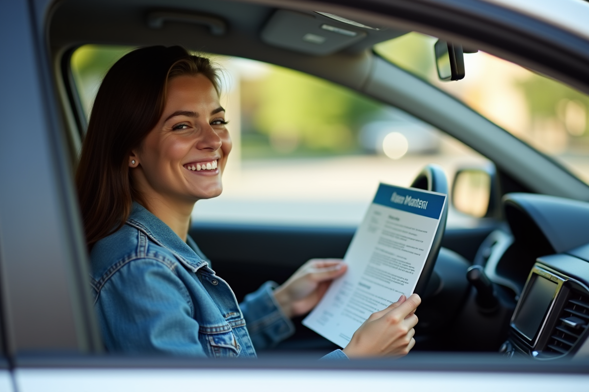Femme souriante tenant un document d'assurance voiture dans la voiture