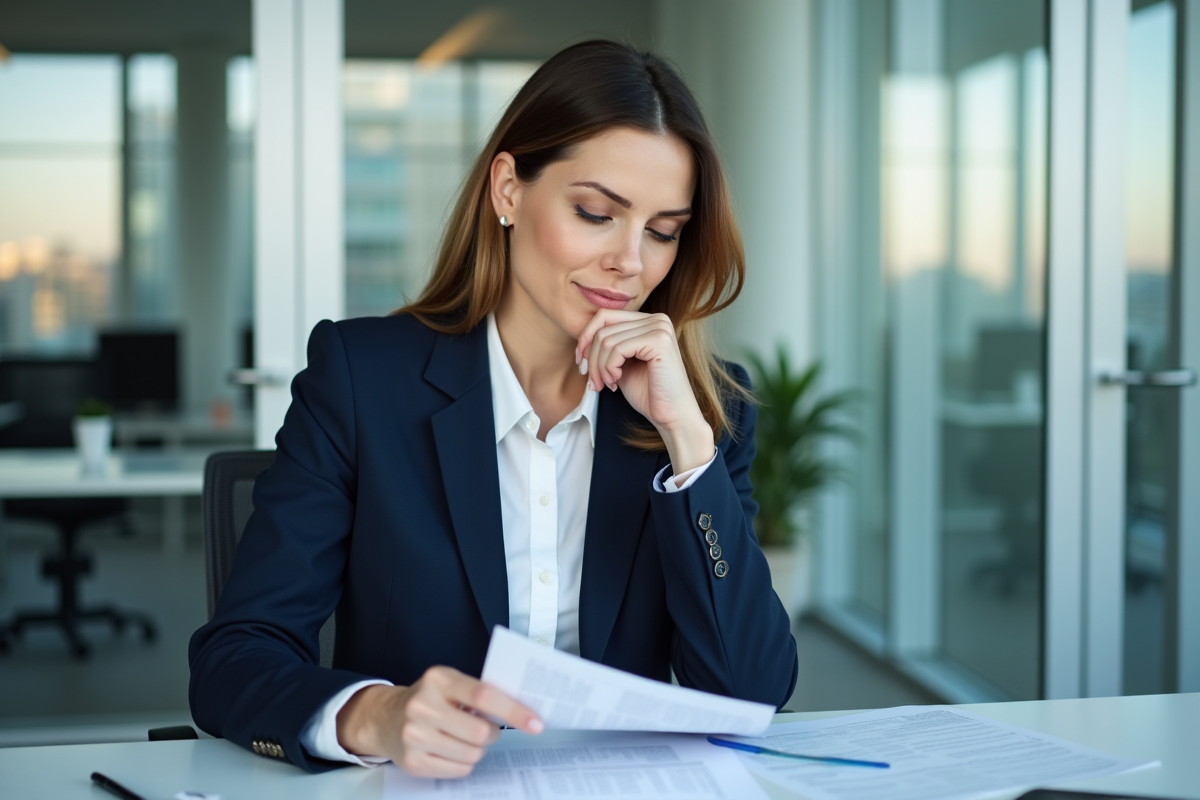 Femme en bureau navy blazer en pleine réflexion
