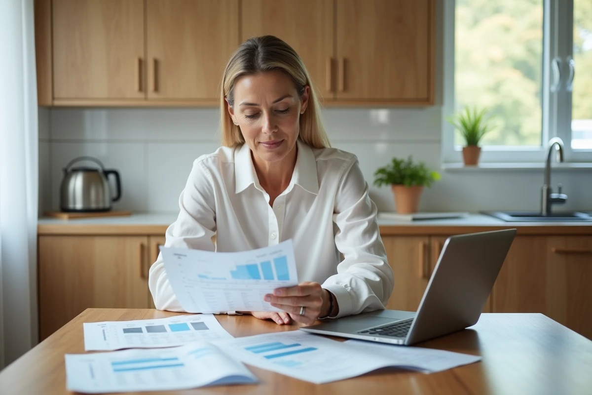 Femme analysant les coûts de consommation d'essence de sa voiture à la maison avec des documents et un ordinateur portable