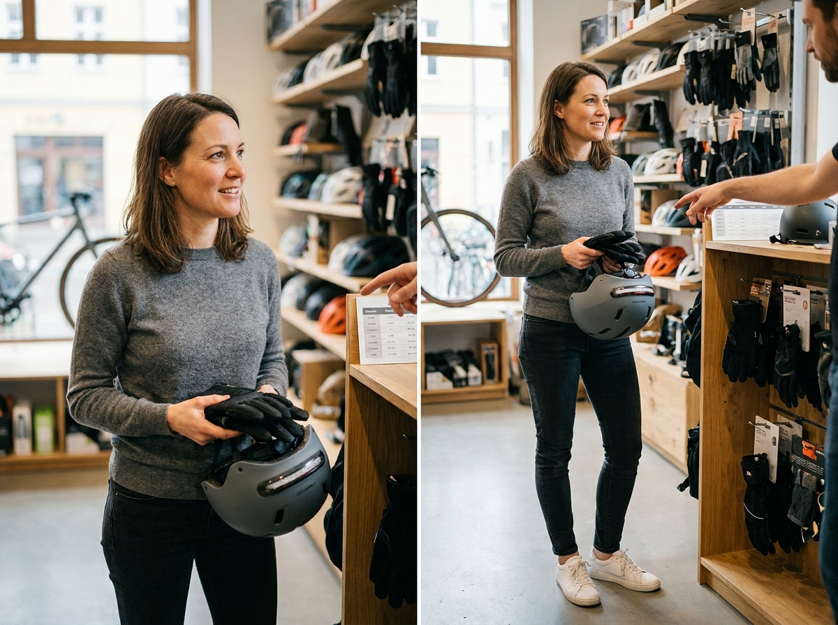 Femme choisissant un casque vélo urbain et des gants dans un magasin de cyclisme