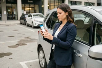 Femme comparant des offres d'assurance auto sur son smartphone à côté de sa voiture en ville