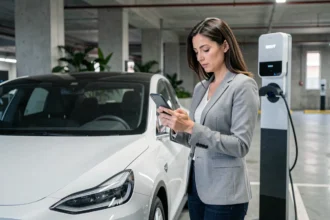 Femme comparant des assurances pour voiture électrique sur son smartphone près d'une borne de recharge