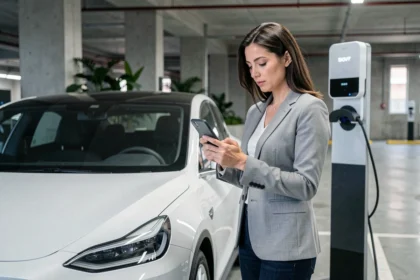 Femme comparant des assurances pour voiture électrique sur son smartphone près d'une borne de recharge