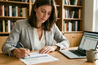 Femme comparant des devis d'assurance voiture à son bureau à domicile avec des documents imprimés et un ordinateur portable