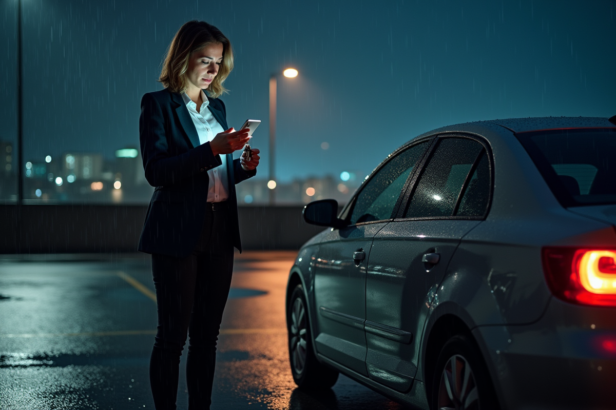 Femme d affaires vérifiant la météo devant sa voiture la nuit