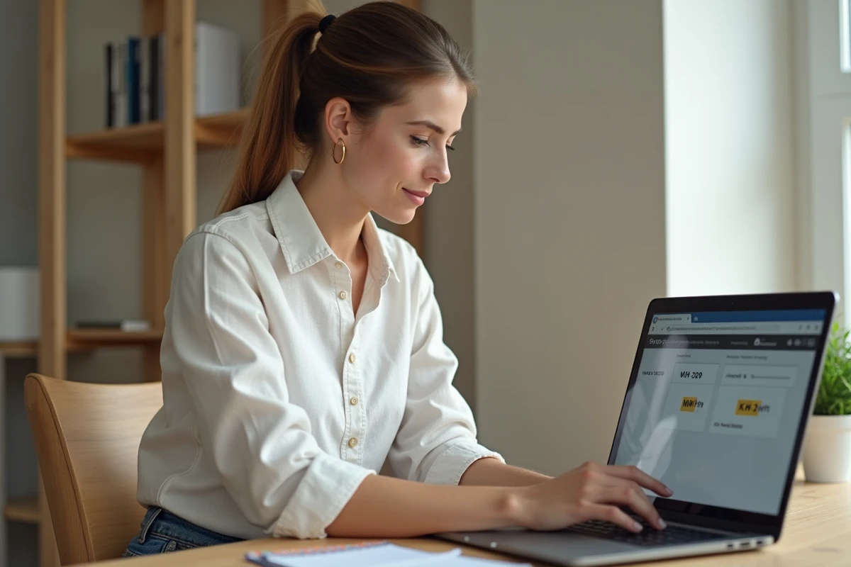 Femme utilisant un outil de conversion de vitesse mph kph en ligne sur son ordinateur portable dans un bureau à domicile