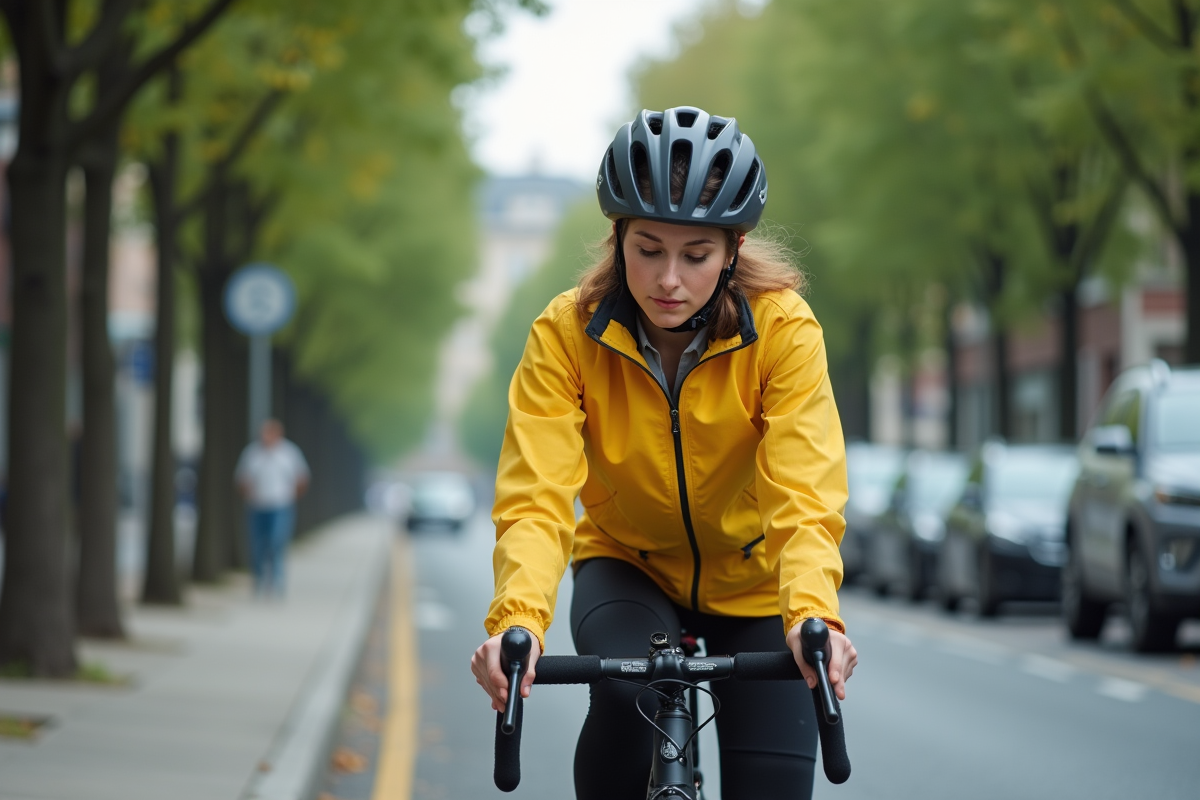 Jeune femme en ville vérifiant son smartphone en vélo