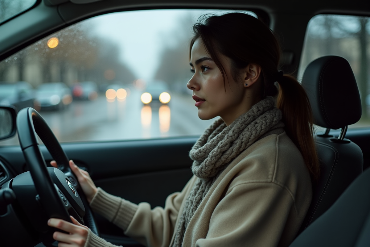 Jeune femme regardant le tableau de bord de sa voiture en ville