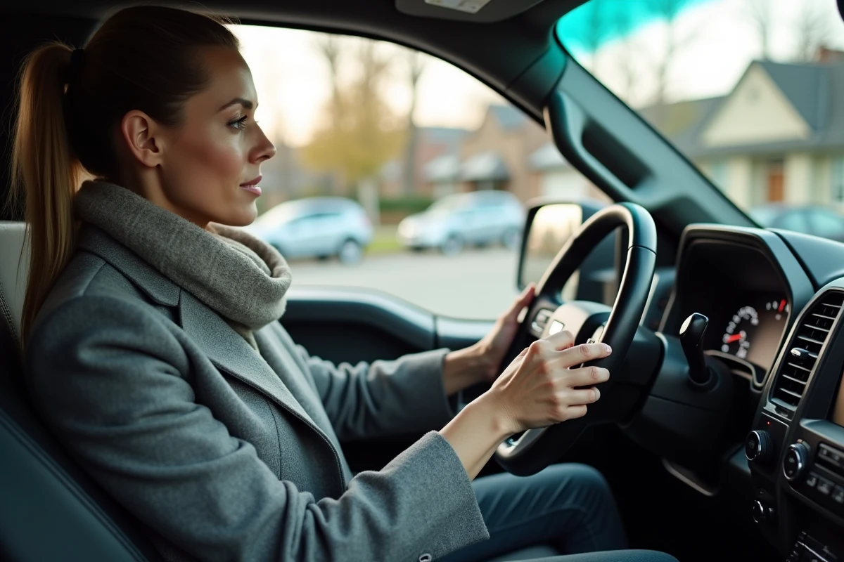 Femme examine le tableau de bord de son pickup